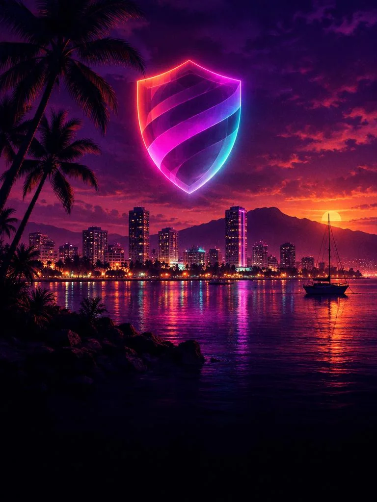Escudo de neon brilhando sobre uma cidade costeira à noite.