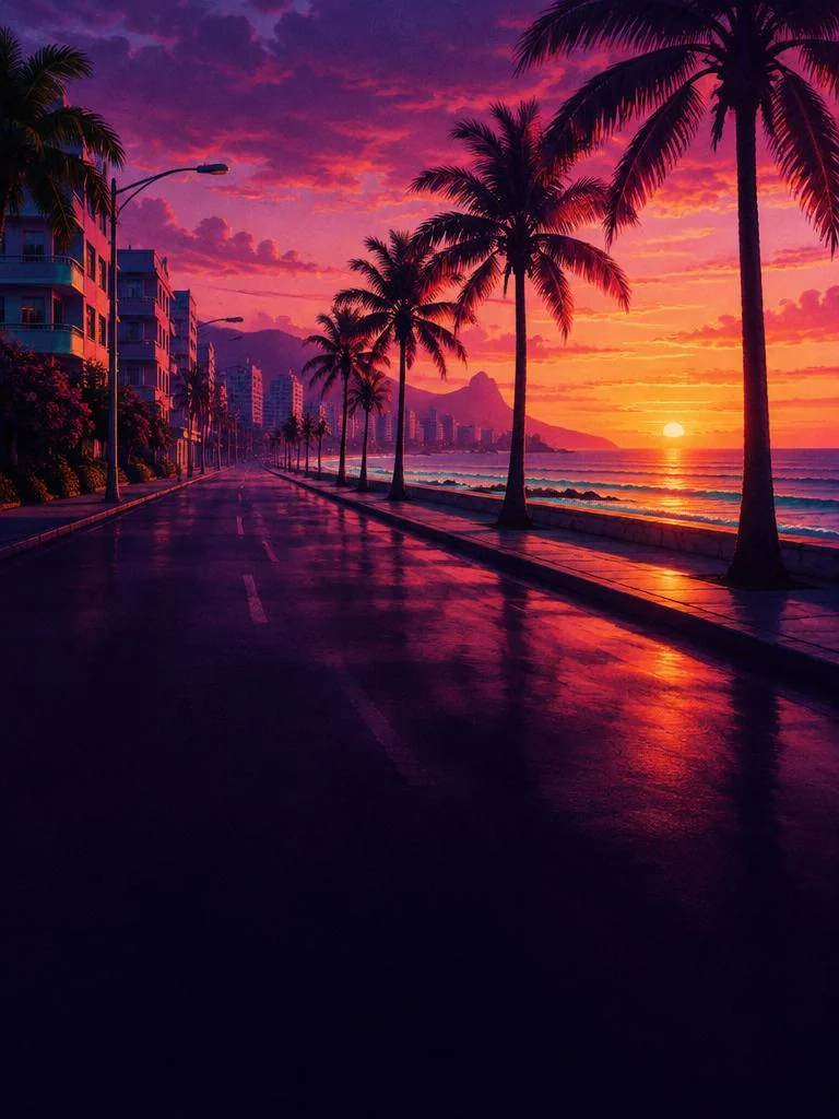 Amanhecer numa avenida da orla vazia, cercada de palmeiras.
