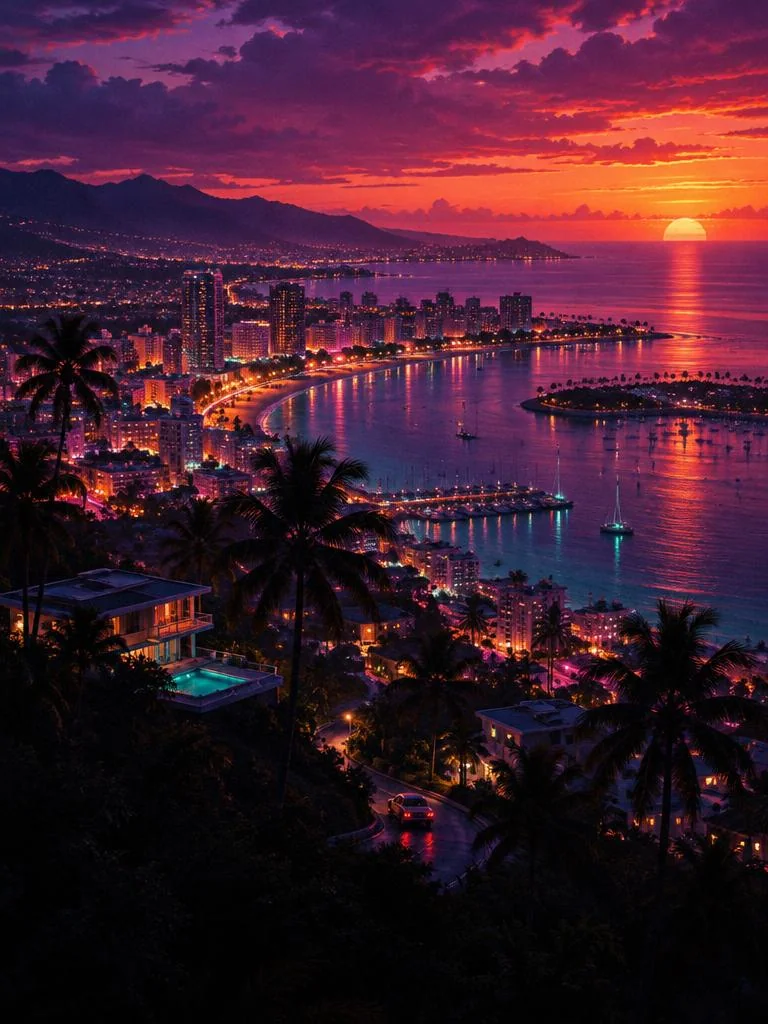 Vista aérea de uma cidade costeira no entardecer, com as luzes acendendo.