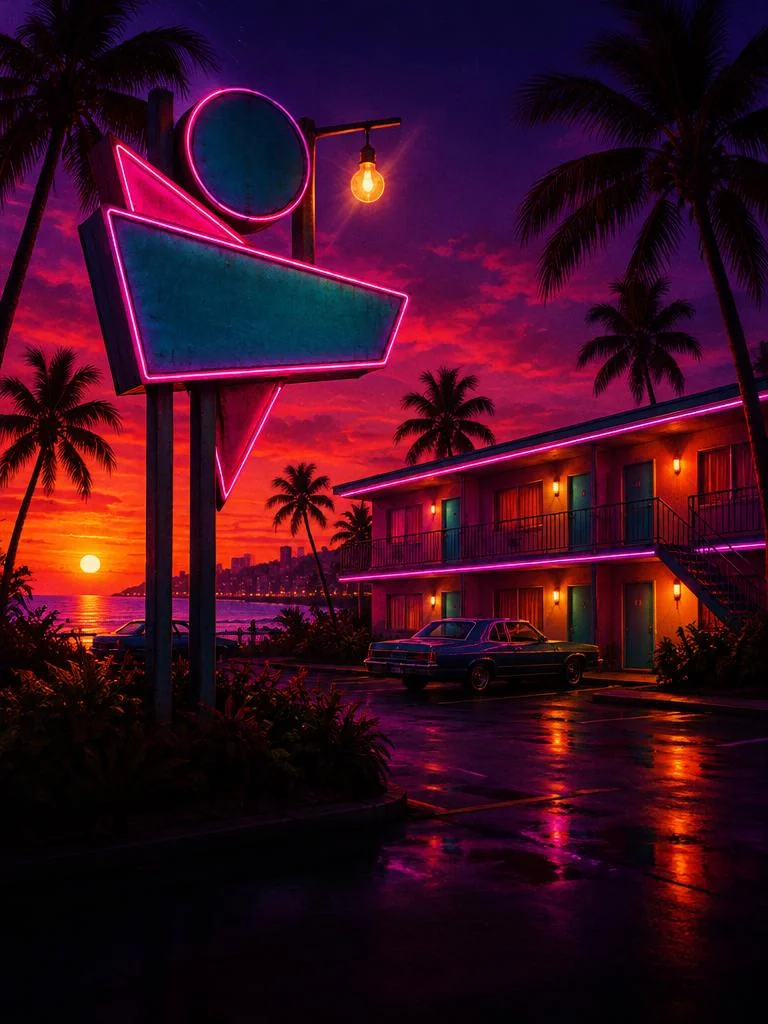 Letreiro geométrico de neon sem letras num motel retrô, com uma lâmpada acesa.