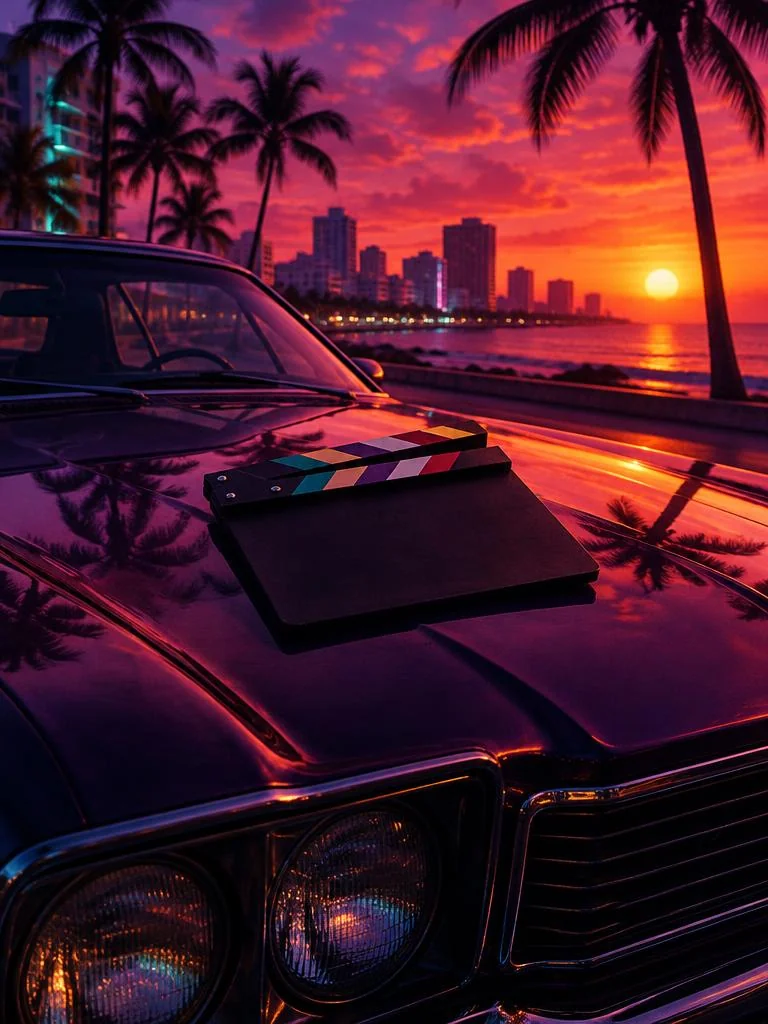 Claquete sem texto em cima do capô de um carro clássico sem marca, no pôr do sol.