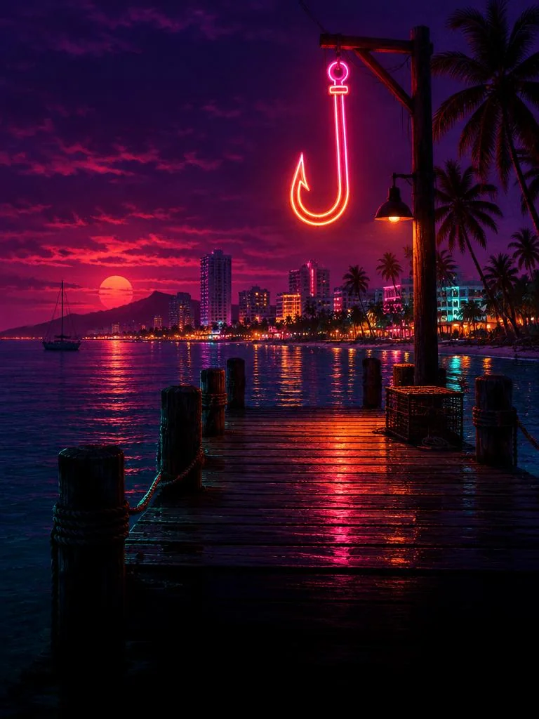 Neon em forma de anzol brilhando sobre um píer à noite.