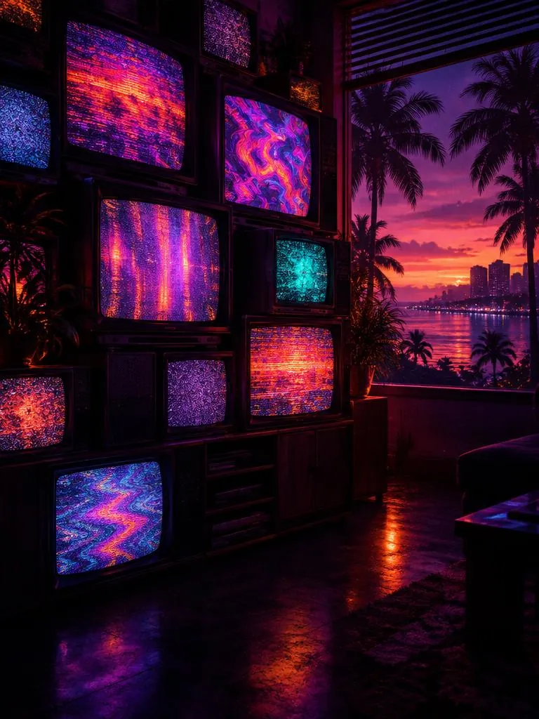 Parede de TVs antigas com luzes abstratas num quarto escuro iluminado por neon.