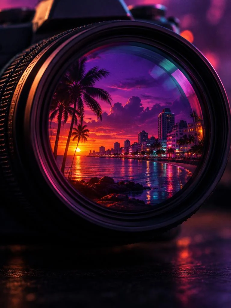 Lente de câmera sem marca refletindo uma cidade costeira em neon.