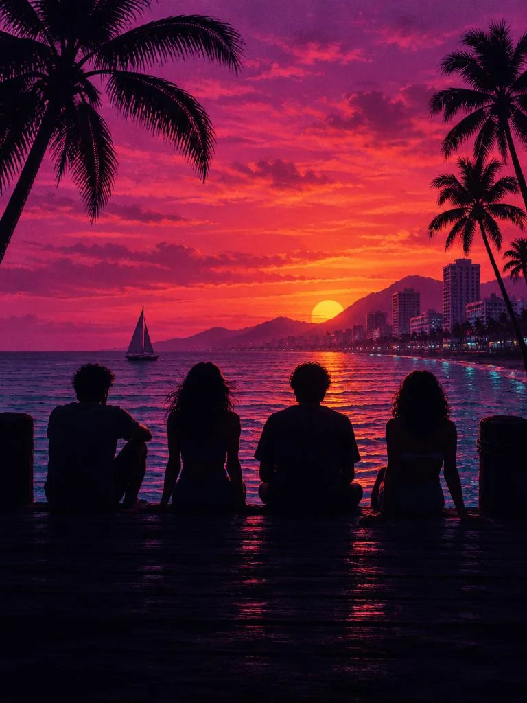 Silhuetas de amigos de costas num píer no pôr do sol, sem rostos visíveis.