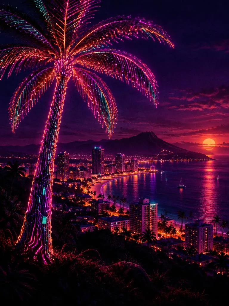 Palmeira feita de circuitos luminosos de neon sobre uma cidade à noite.