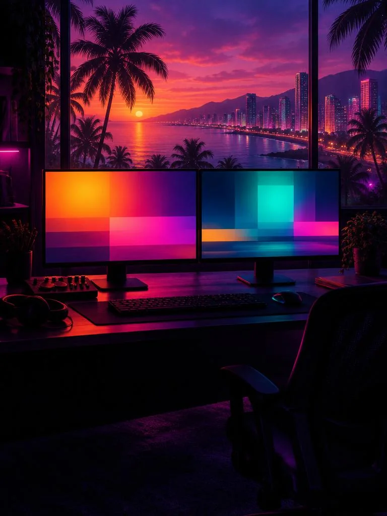 Mesa de edição com dois monitores sem texto e iluminação de neon.
