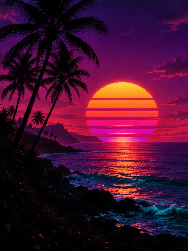 Palmeiras em silhueta diante de um grande sol listrado em neon sobre o mar.