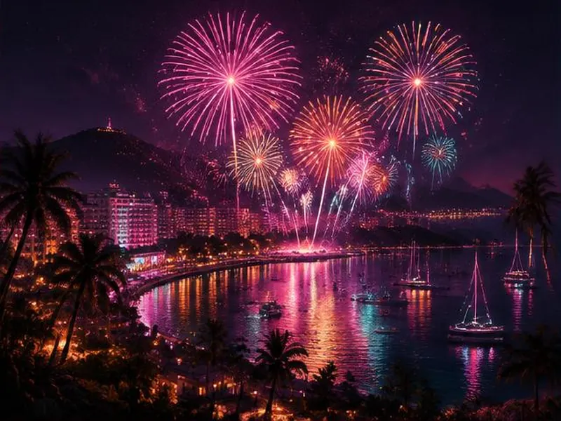 Fogos de artifício sobre a orla da cidade à noite.