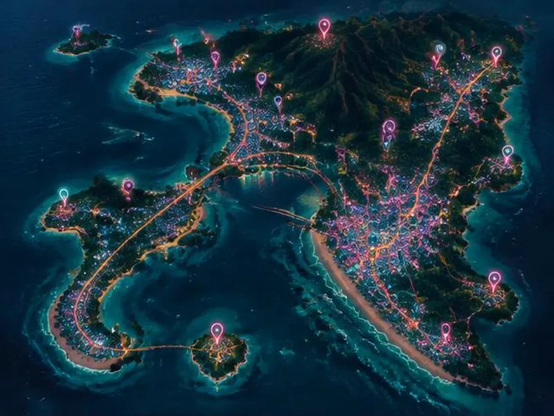 Mapa de uma costa tropical fictícia com alfinetes luminosos, sem nomes.