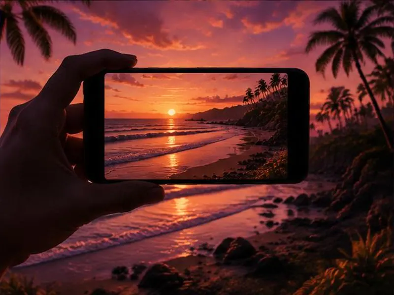 Mão segurando um celular na horizontal filmando o pôr do sol na praia.