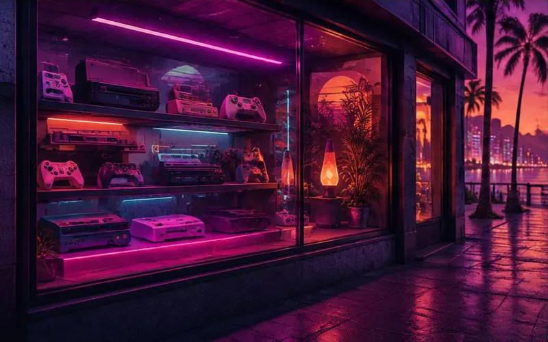 Vitrine de uma loja de games retrô sem marcas ou letreiros.