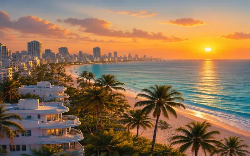 Sol nascendo sobre a orla de uma cidade tropical.